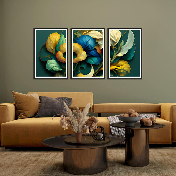 Abstract Colorful Spring Flower Art Floating Canva Set of 3 Wall Frames