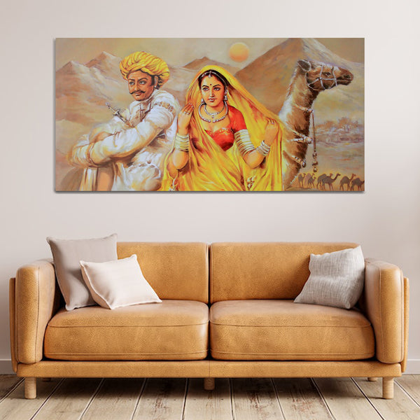 Rajasthani Man & Women Sitting Infront of Camel Modern Canvas Wall Painting