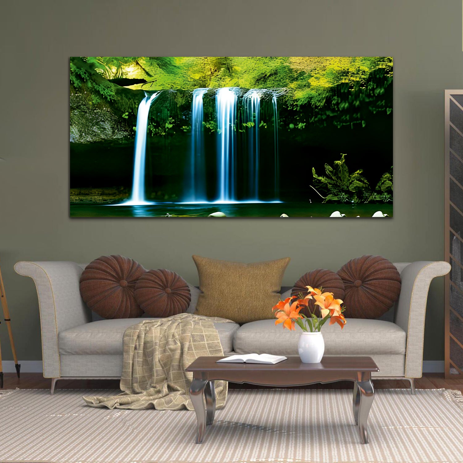Waterfall Nature Green & Blue Canvas Wall Painting