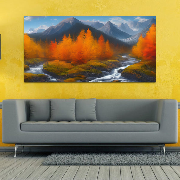 Beautiful Abstract Tree with River and Mountain Canvas Wall Painting