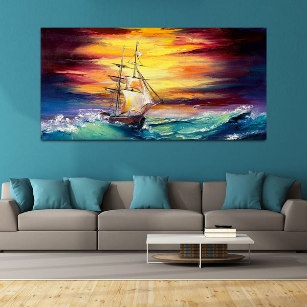 Abstract Boat under Water with Sunrise Canvas Wall Painting