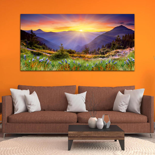 Beautiful Colorful Flower with Mountain and Sunrise Wall Painting