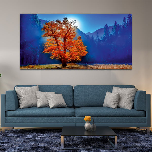 Beautiful Yellow Tree and Blue Forest Canvas Wall Painting