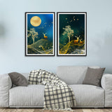 Deers in forest at Mid Night Abstract Set of 2 Wall Frames