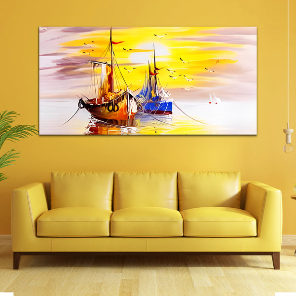 Beautiful Sunrises with Boat and River Canvas Wall Painting
