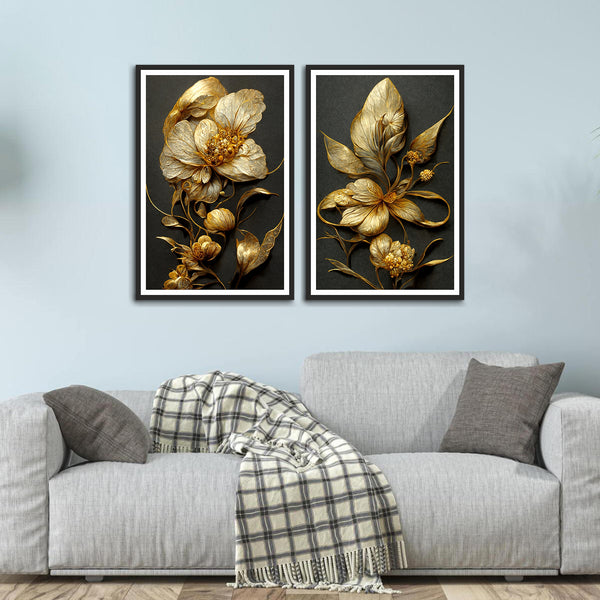 Super Premium Gloden Color Flower Set 2 Wall Frame