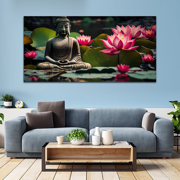 Meditating Buddha With Pink Lotus Wall Painting