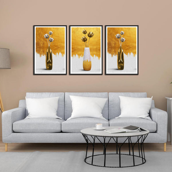 Beautiful Flower with Pots Set of 3 Wall Frames