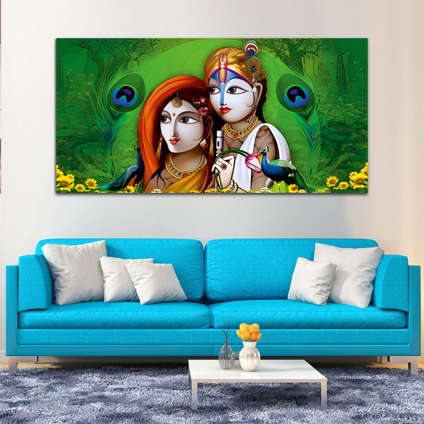 Radha Krishna Green Canvas Wall Painting