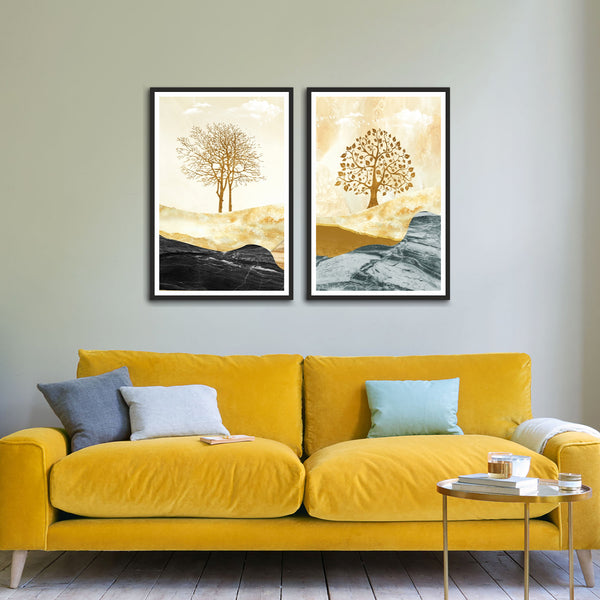 Golden Forest Single Tree Set of 2 Wall Frames & Arts