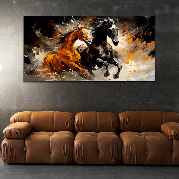 Panoramic Two Running Horses Canvas Wall Painting