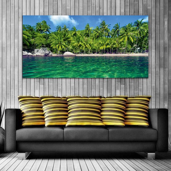 Palm Trees, Water, Beach Canvas Wall Painting