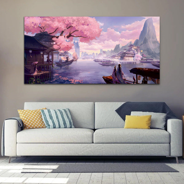 Beautiful Pink Tree with Mountain and River Canvas Wall Painting