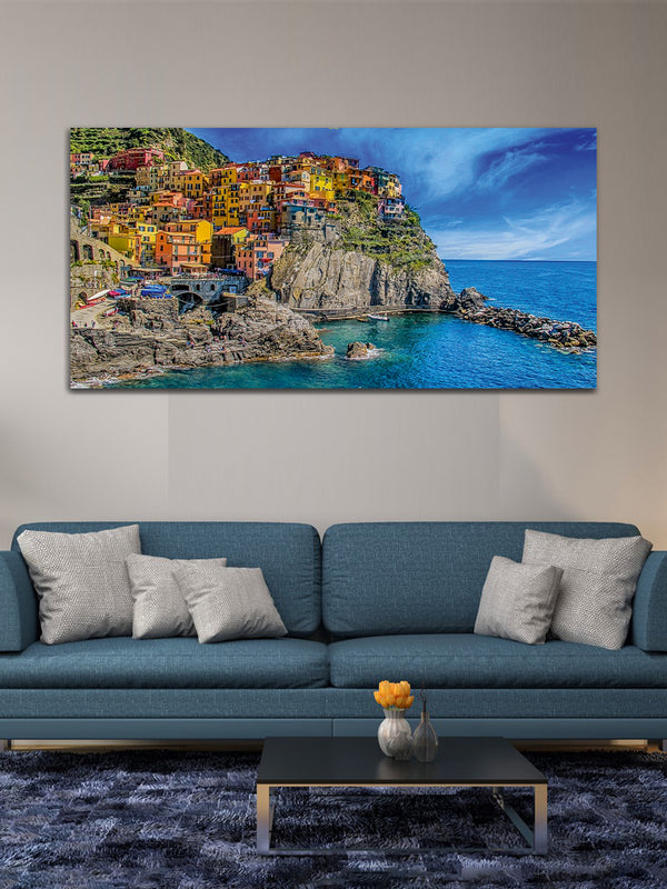 Houses on Mountain with Blue River Canvas Wall Painting