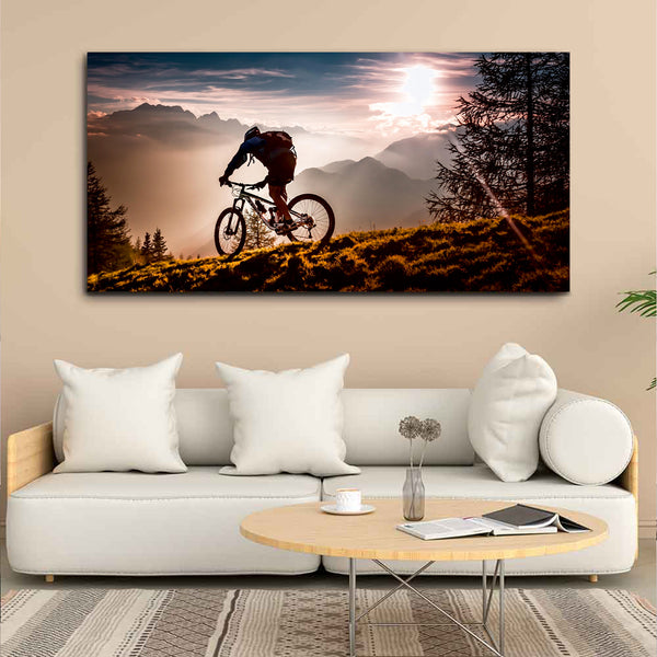 Man Tracking with Bicycle in Mountain Wall Painting
