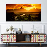 Green Forest with Mountain and Sunrise Wall Painting