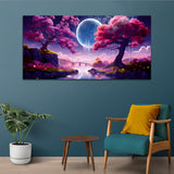 Beautiful Pink Forest Tree with Bridge Canvas Wall Painting