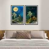 Deers in forest at Mid Night Abstract Set of 2 Wall Frames
