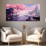 Beautiful Pink Tree with Mountain and River Canvas Wall Painting
