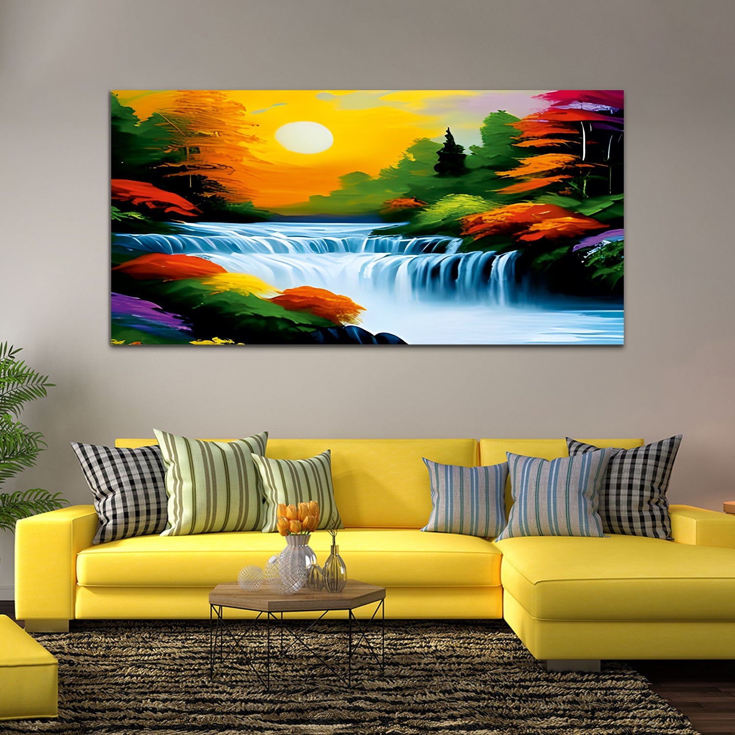 Sunset Waterfall Multicolor Canvas Wall Painting