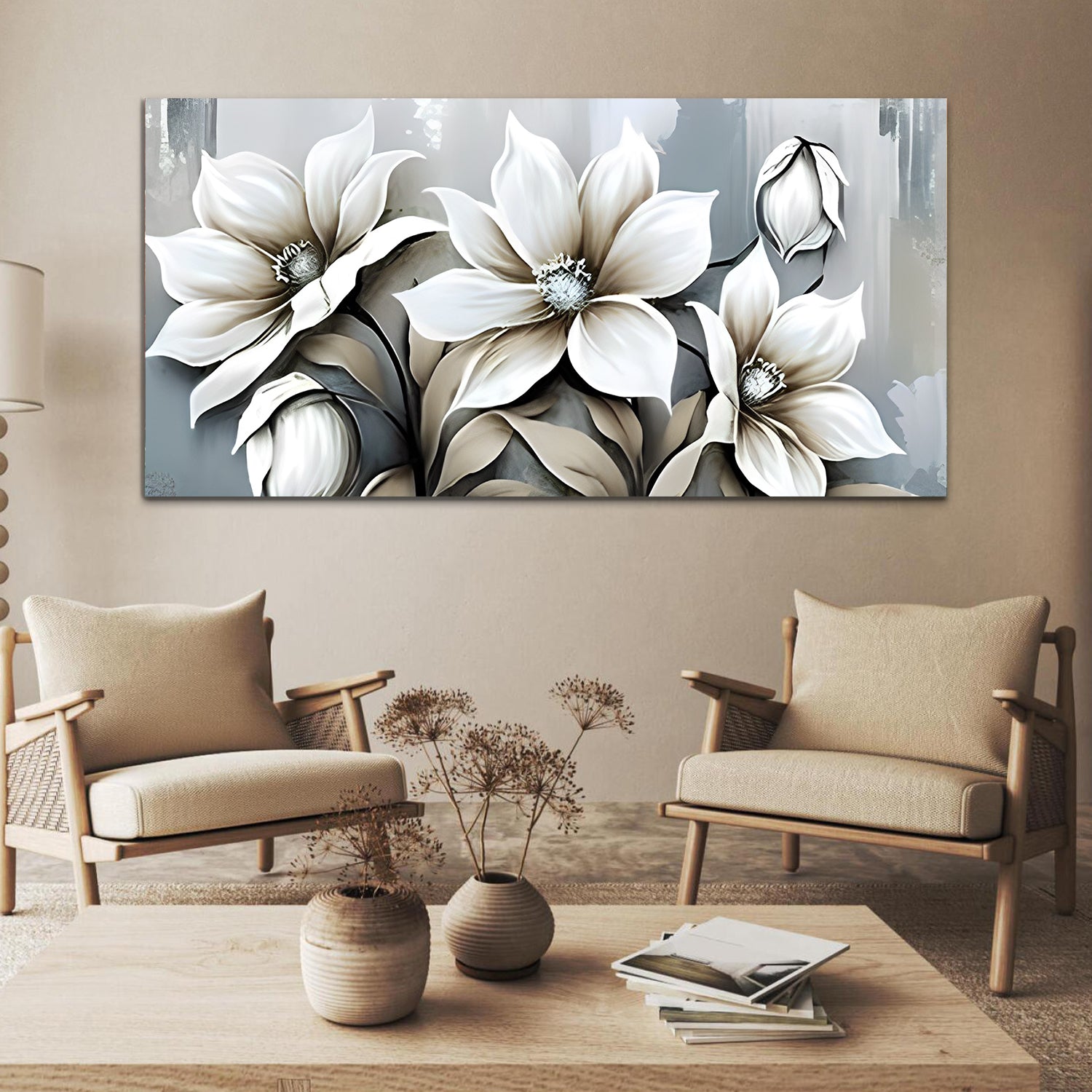 Flower Off White-Grey Canvas Wall Painting