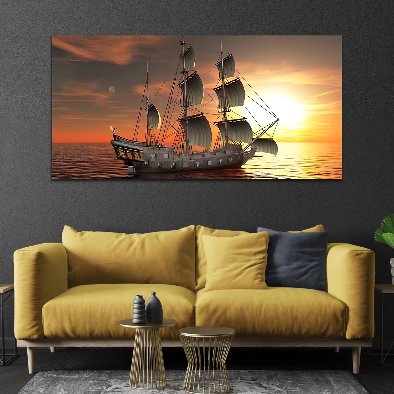 Yellow & Grey Boat Evening Canvas Painting Wall Art