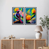 Bird Sitting on Tree Abstract Set of 2 Wall Frames
