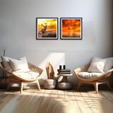 Deer at Forest and Sunset with Water Set of 2 Wall Frames