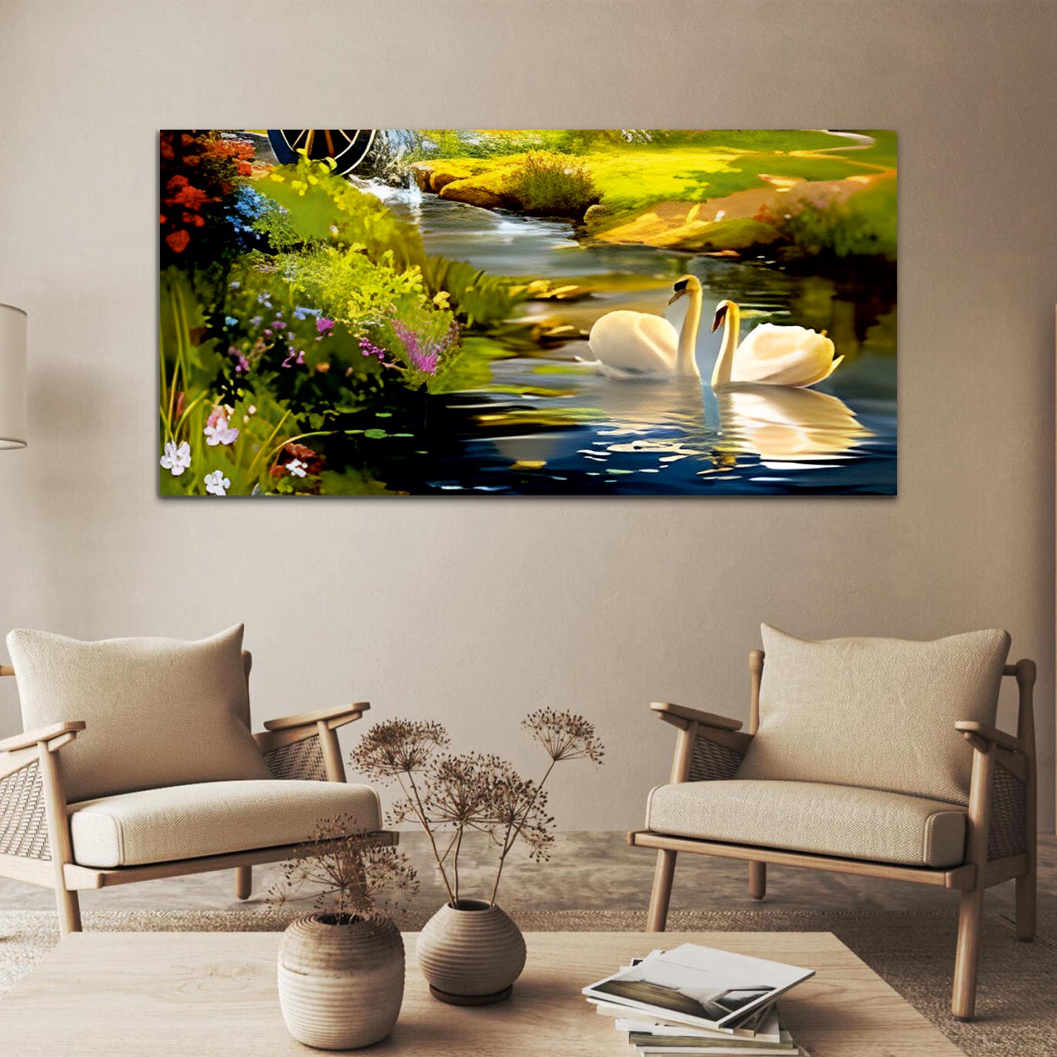 Swans Love river Bed room living room Canvas Wall Painting