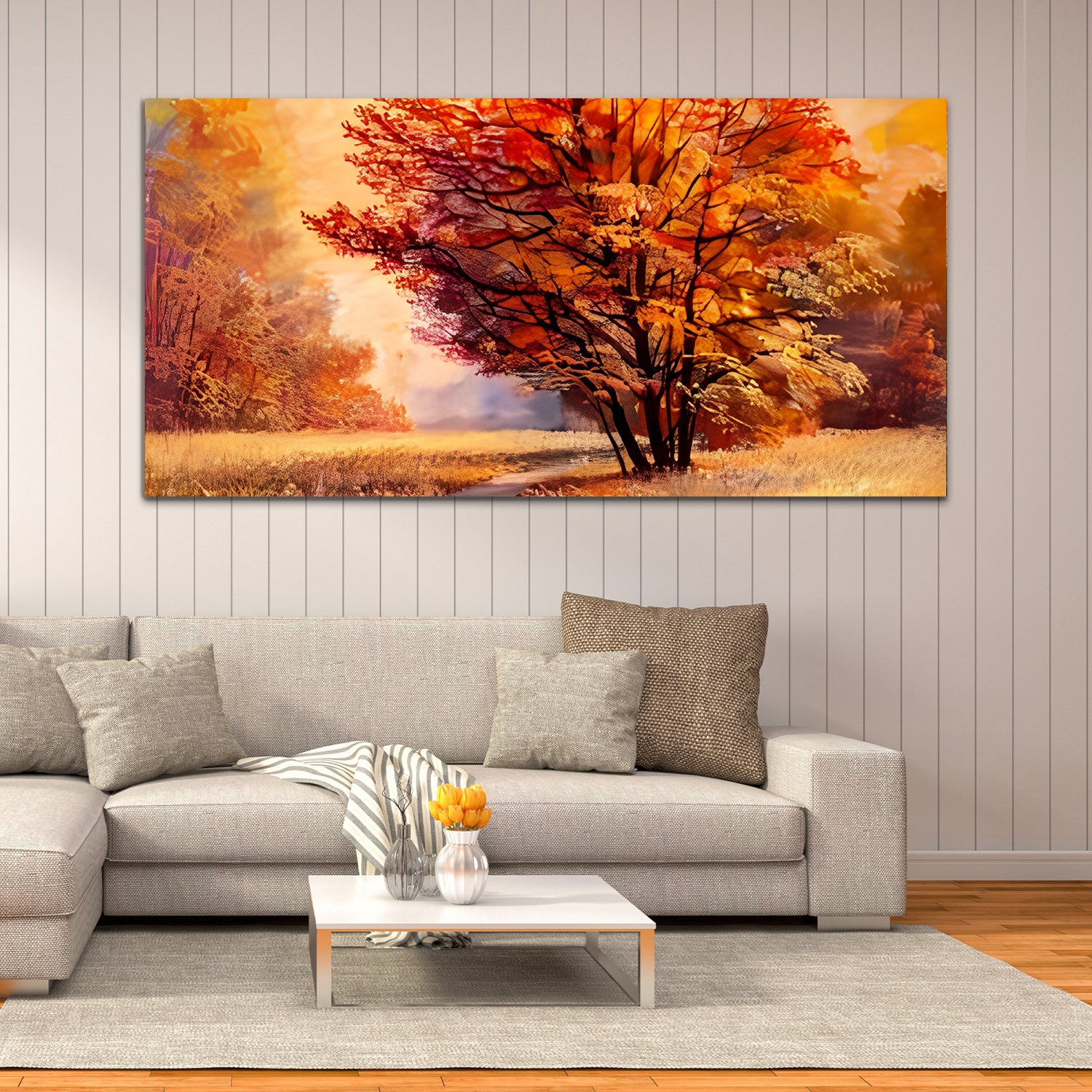 BeautiFull Tree Orange-Off White Canvas art Wall Painting