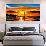 Beautiful Sunset with Boat under River Canvas Wall Painting