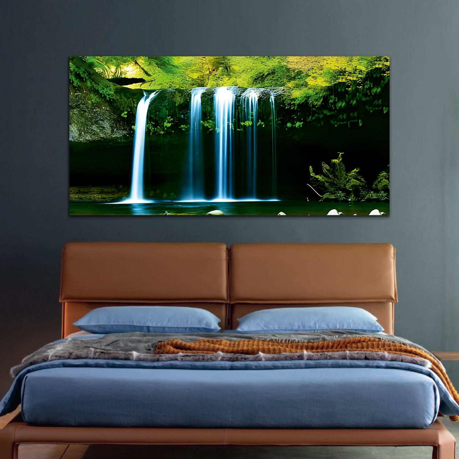 Waterfall Nature Green & Blue Canvas Wall Painting
