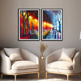 People Walking on Road Colorful Set of 2 Wall Frames