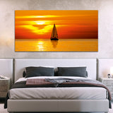 Beautiful Sunset with Boat under River Canvas Wall Painting