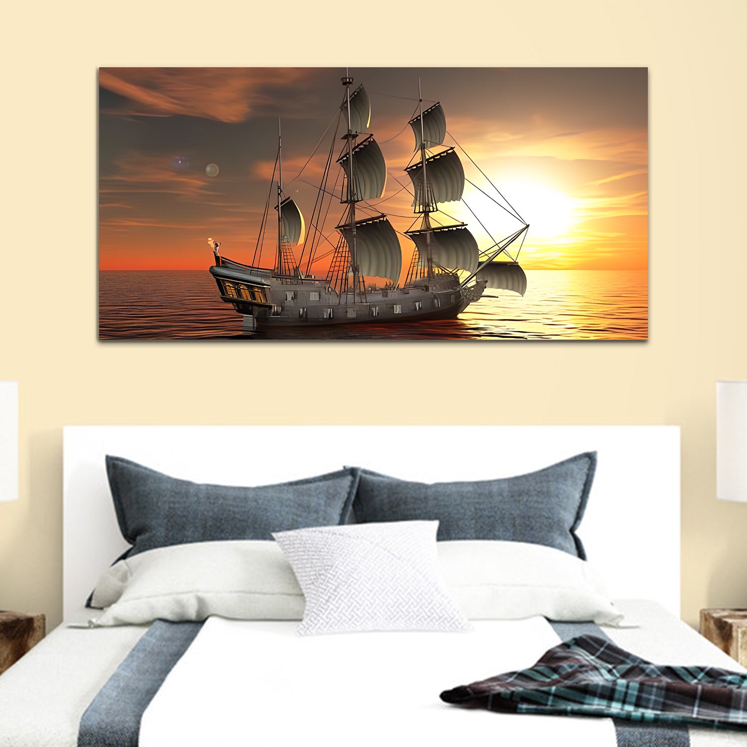 Yellow & Grey Boat Evening Canvas Painting Wall Art
