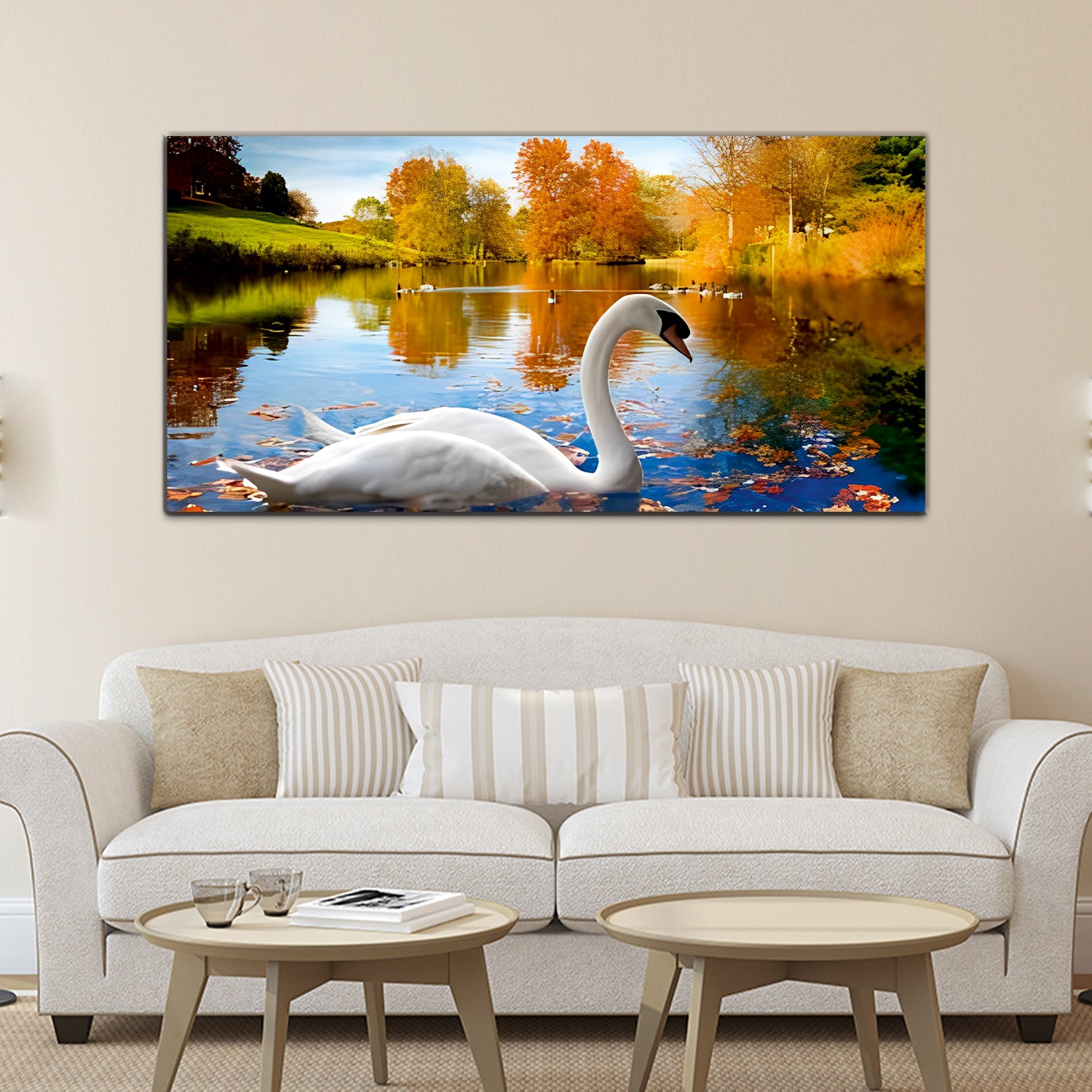 Beautiful Swan and river with sunrise Canvas Wall Painting