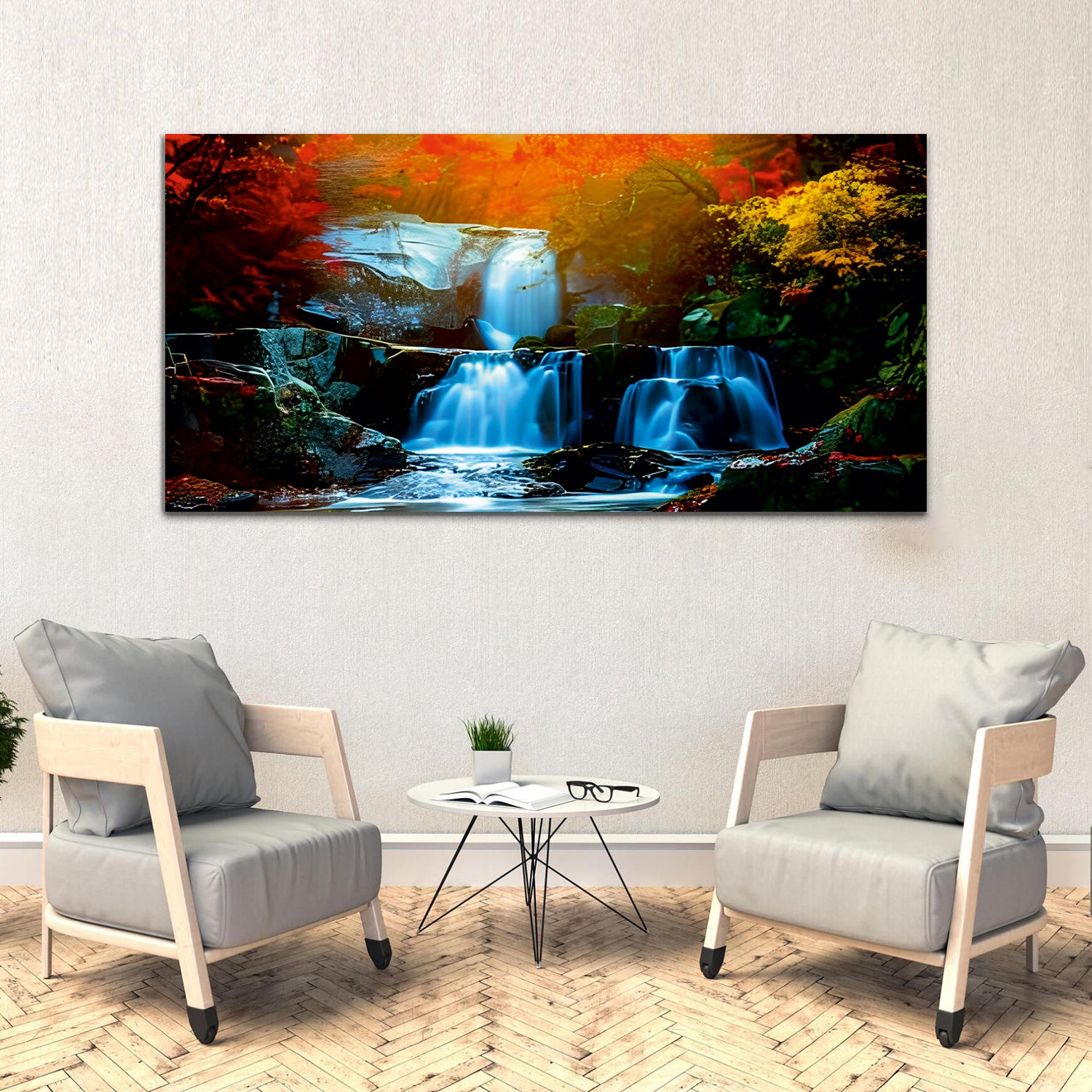 Autumn leaves and waterfall living bed room Canvas Wall Painting