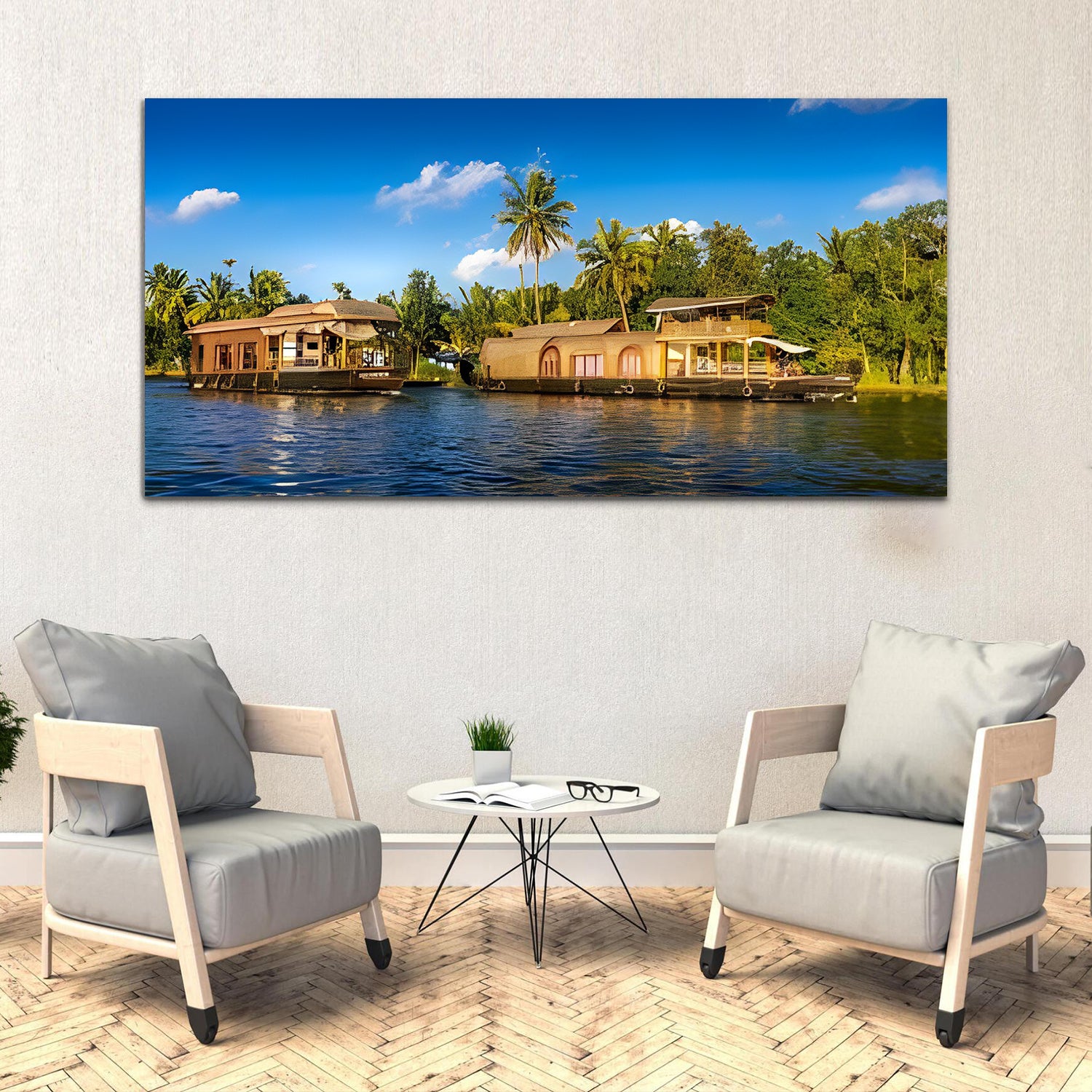 Green & Blue Water House Boat Beautiful Canvas Art Wall Painting