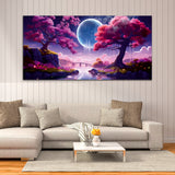 Beautiful Pink Forest Tree with Bridge Canvas Wall Painting
