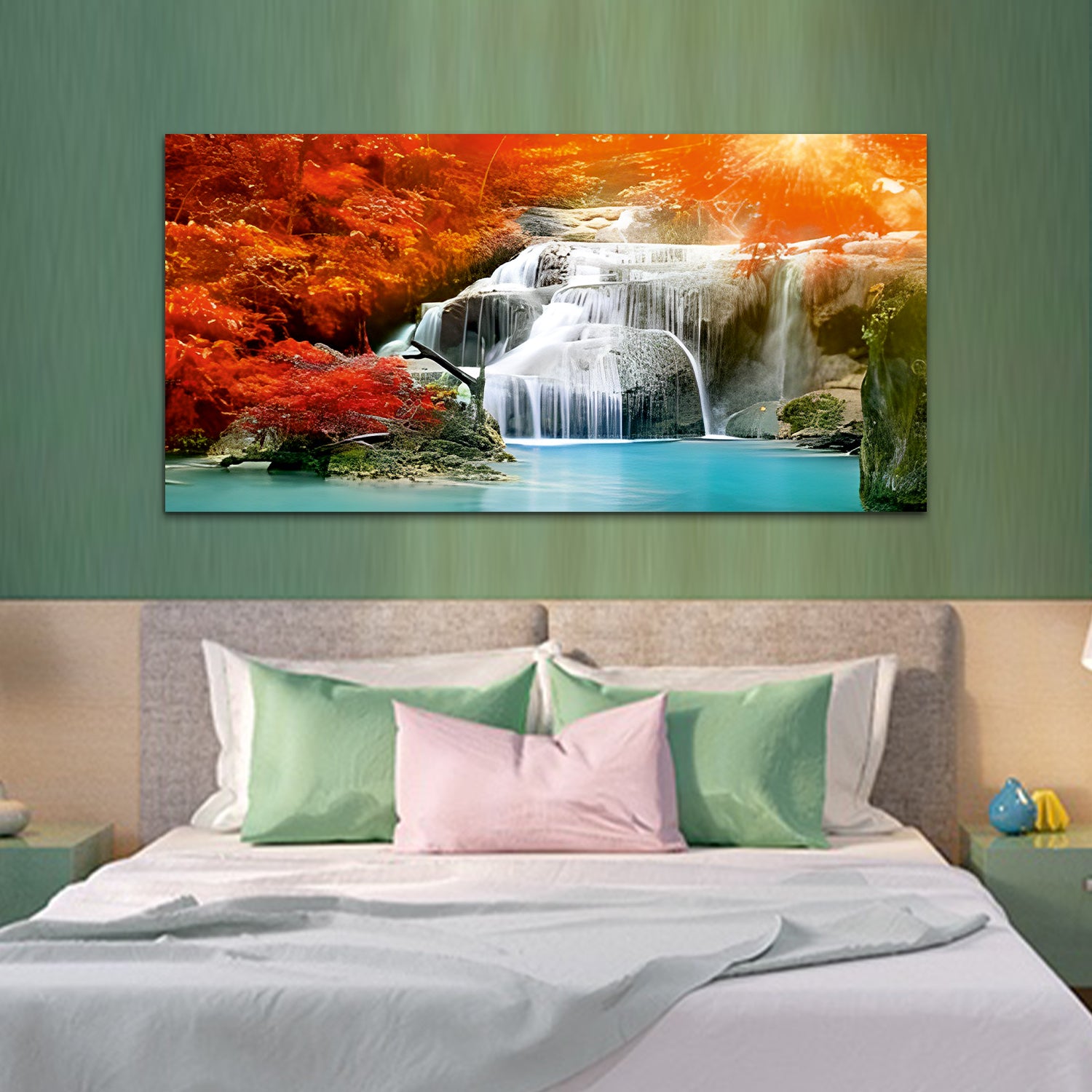 Waterfall Nature Landscape with Wooden Frame Canvas Wall Painting