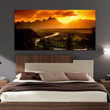 Green Forest with Mountain and Sunrise Wall Painting