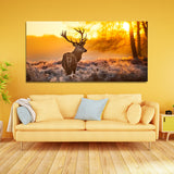 Beautiful Sunset with deer in Forest Canvas Wall Painting