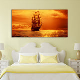 Sailing ship beautiful golden sunset Canvas Art Wall Painting.