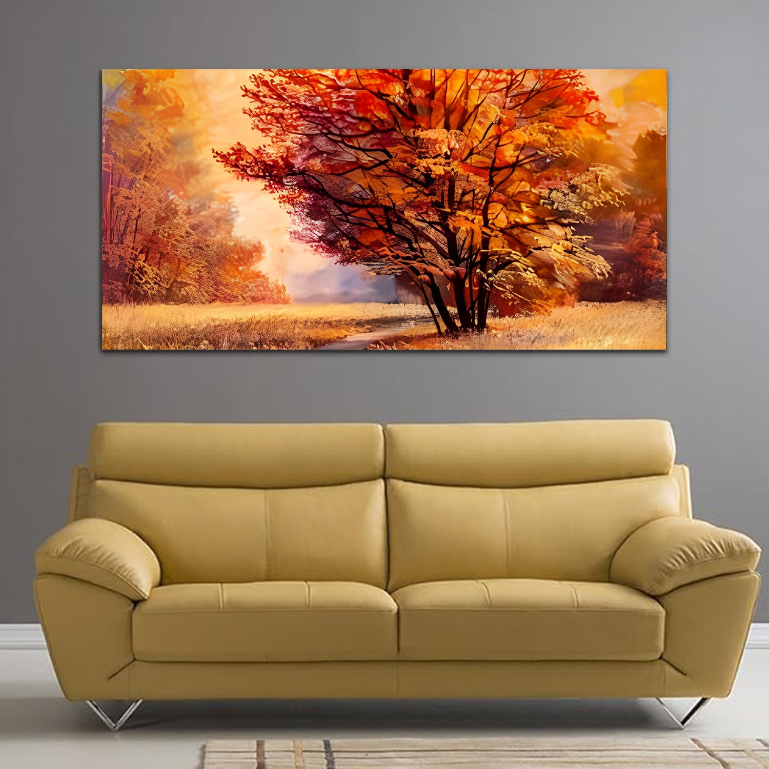 BeautiFull Tree Orange-Off White Canvas art Wall Painting