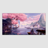 Beautiful Pink Tree with Mountain and River Canvas Wall Painting