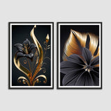 Black Flower with Golden Leaves Set of 2 Wall Frames
