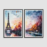 Eiffel Tower with Colorful City Abstract Set of 2 Wall frames