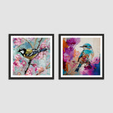 Single Birds Sitting at Tree Abstract Set of 2 Canvas Wall Frame