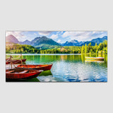 Green Forest with Mountain and Boat under River Canvas Wall Painting