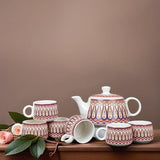 Ceramic Glossy Painted 6 Coffee Tea Cups and 1 Kettle Combo Pack Set of 7 Pcs